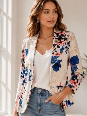 Ro & De Floral Blazer XS Open Front Cream Blue Pink Jacket